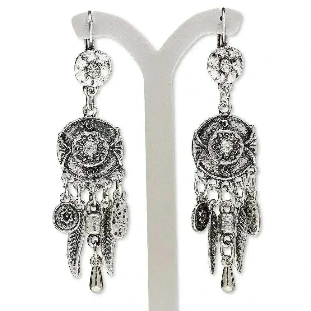 Vintage 90s Egyptian Crystal Carved Antique Silver Feather Baubles Earrings
